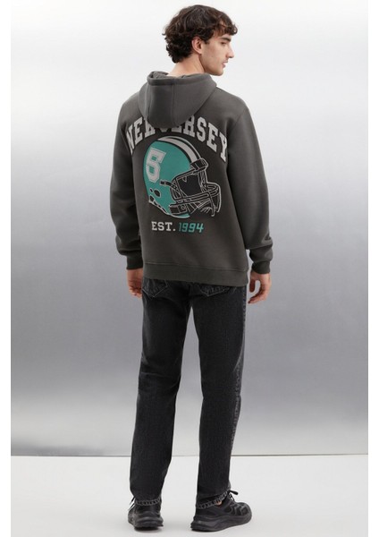 Herald Erkek Kapüşonlu Kanguru Cepli Içi Polarlı Baskılı Koyu Gri Sweatshirt