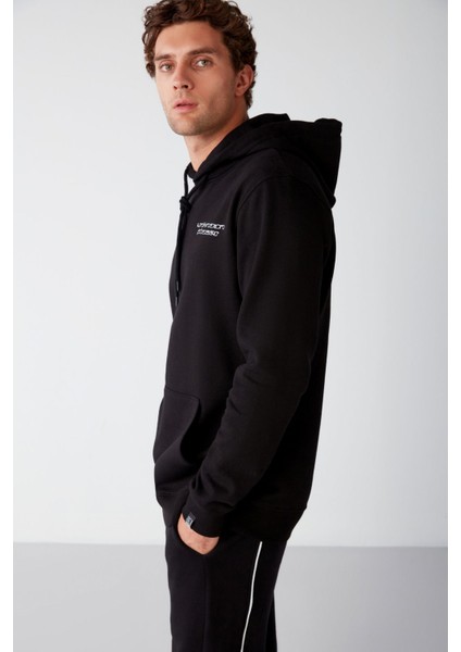 Solar Erkek Içi Polarlı Metaverse Baskılı Kapüşonlu Kordonlu Siyah Sweatshirt