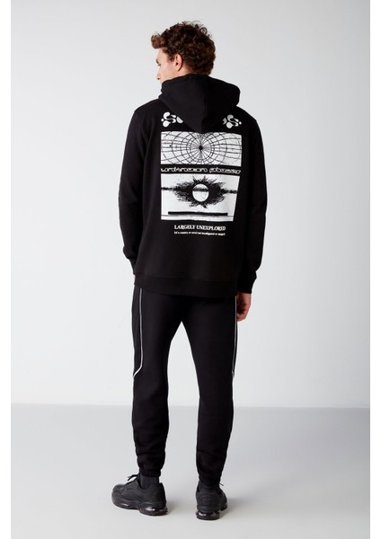 Solar Erkek Içi Polarlı Metaverse Baskılı Kapüşonlu Kordonlu Siyah Sweatshirt