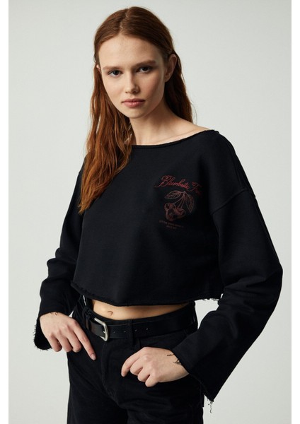 Carıbou Kadın Asimetrik Yakalı Şardonsuz Tek Omzu Açık Baskılı Siyah Sweatshirt