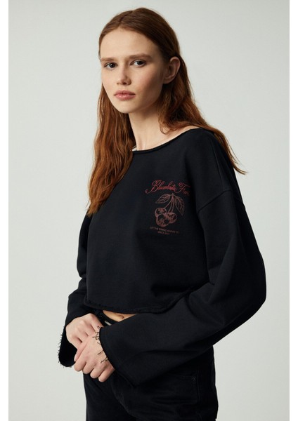 Carıbou Kadın Asimetrik Yakalı Şardonsuz Tek Omzu Açık Baskılı Siyah Sweatshirt