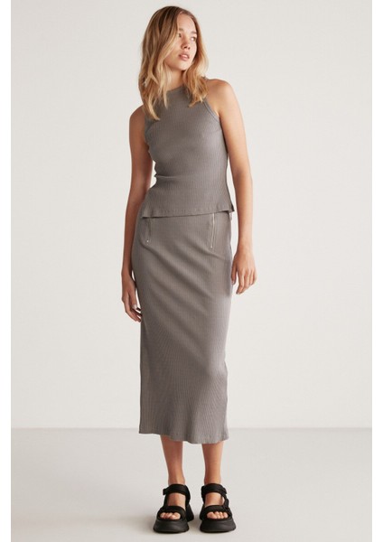 Lauren Kadın Slim Fit Fermuar Detaylı Midi Gri Etek