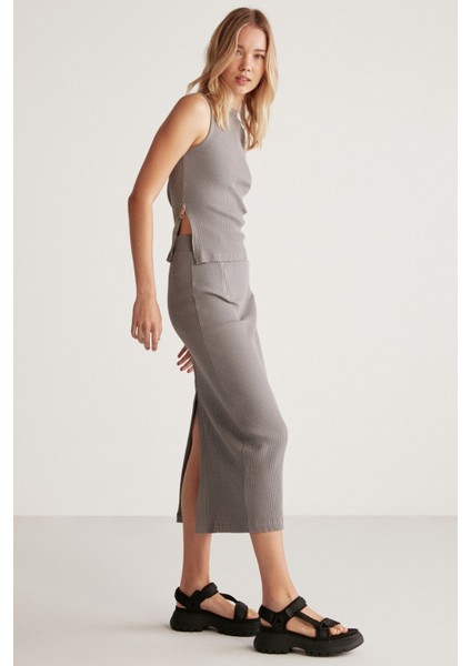 Lauren Kadın Slim Fit Fermuar Detaylı Midi Gri Etek indirimleri
