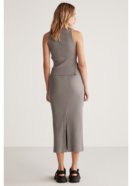 Lauren Kadın Slim Fit Fermuar Detaylı Midi Gri Etek