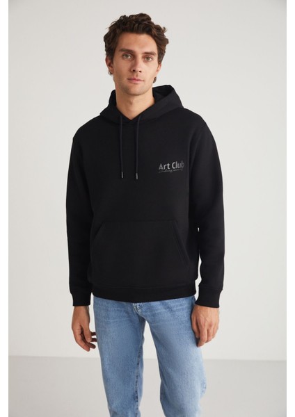 Andreas Erkek Kapüşonlu Içi Polarlı Baskı Detaylı Siyah Sweatshirt