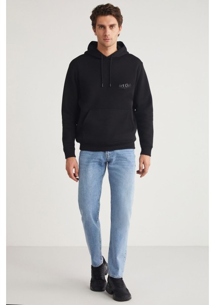 Andreas Erkek Kapüşonlu Içi Polarlı Baskı Detaylı Siyah Sweatshirt