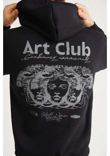 Andreas Erkek Kapüşonlu Içi Polarlı Baskı Detaylı Siyah Sweatshirt
