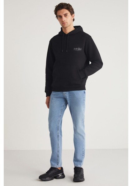 Andreas Erkek Kapüşonlu Içi Polarlı Baskı Detaylı Siyah Sweatshirt