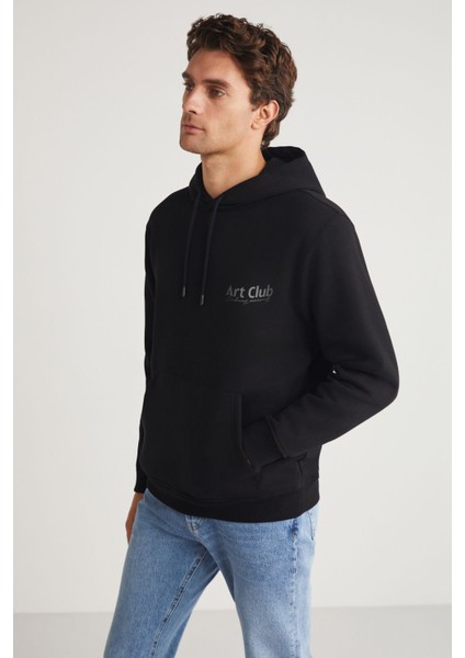 Andreas Erkek Kapüşonlu Içi Polarlı Baskı Detaylı Siyah Sweatshirt