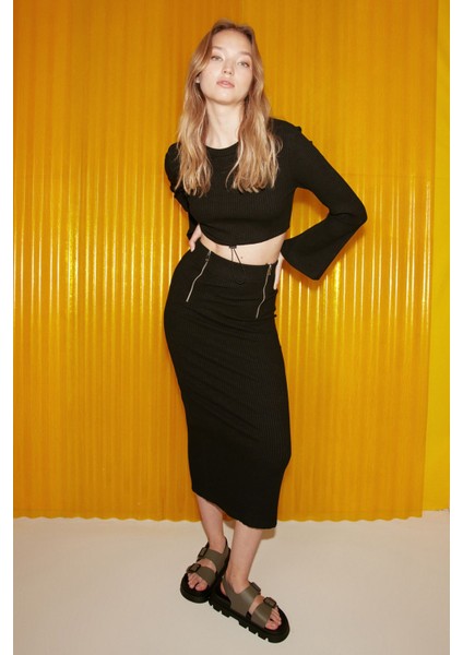 Lauren Kadın Slim Fit Fermuar Detaylı Midi Siyah Etek indirimleri