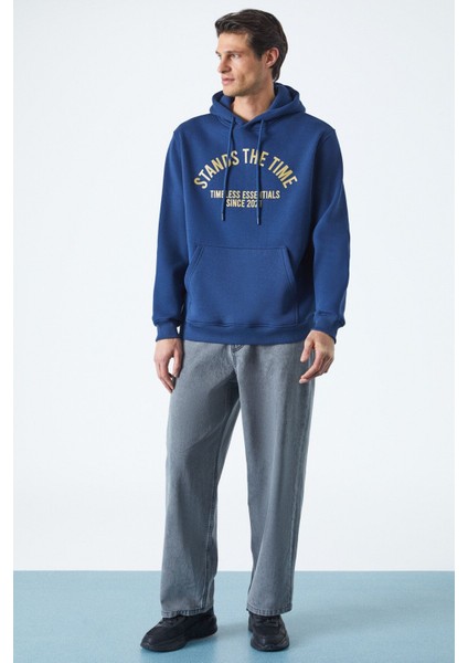 Wulf Erkek Organik Kumaşlı Içi Polarlı Yumuşacık Kanguru Cepli Kapüşonlu Lacivert Sweatshirt