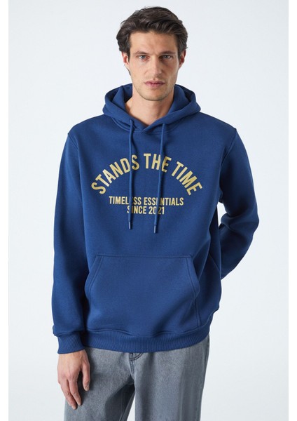 Wulf Erkek Organik Kumaşlı Içi Polarlı Yumuşacık Kanguru Cepli Kapüşonlu Lacivert Sweatshirt