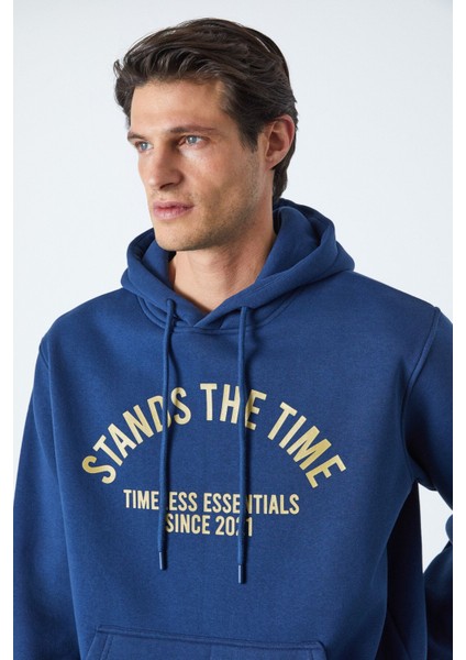 Wulf Erkek Organik Kumaşlı Içi Polarlı Yumuşacık Kanguru Cepli Kapüşonlu Lacivert Sweatshirt