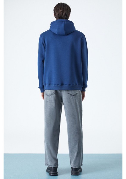 Wulf Erkek Organik Kumaşlı Içi Polarlı Yumuşacık Kanguru Cepli Kapüşonlu Lacivert Sweatshirt