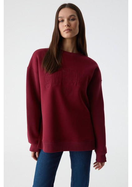 Rıcennı Kadın Bisiklet Yaka Oversize Bordo Sweatshirt