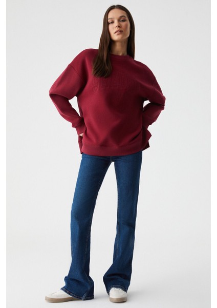 Rıcennı Kadın Bisiklet Yaka Oversize Bordo Sweatshirt