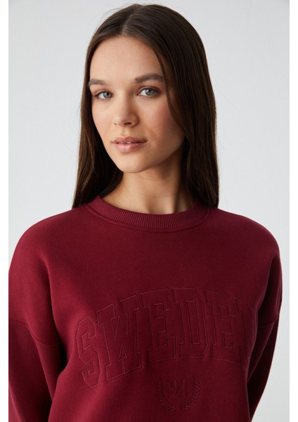 Rıcennı Kadın Bisiklet Yaka Oversize Bordo Sweatshirt