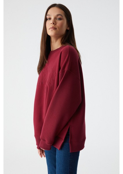 Rıcennı Kadın Bisiklet Yaka Oversize Bordo Sweatshirt