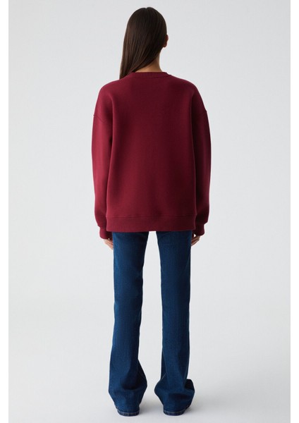 Rıcennı Kadın Bisiklet Yaka Oversize Bordo Sweatshirt