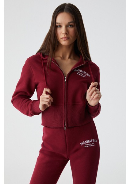 IRESSINE Kadın Kapüşonlu Fermuarlı Uzun Kollu Regular Bordo Sweatshirt