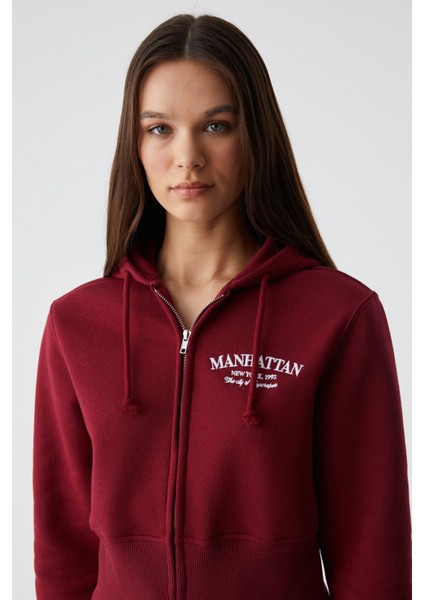 IRESSINE Kadın Kapüşonlu Fermuarlı Uzun Kollu Regular Bordo Sweatshirt modelleri