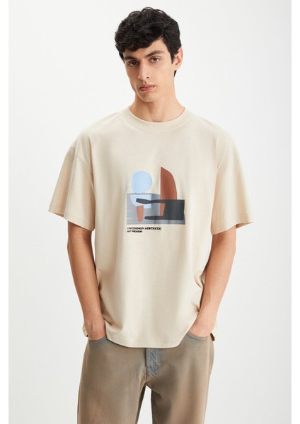 RAMADANP007 Erkek PAMUK Bisiklet Yaka Baskılı Bej T-Shirt