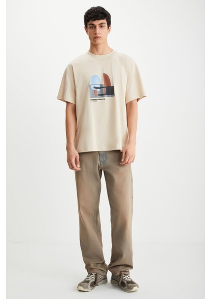 RAMADANP007 Erkek PAMUK Bisiklet Yaka Baskılı Bej T-Shirt