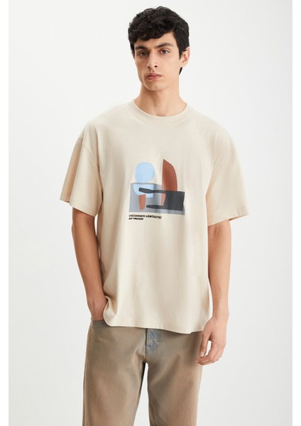 RAMADANP007 Erkek PAMUK Bisiklet Yaka Baskılı Bej T-Shirt