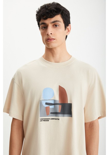 RAMADANP007 Erkek PAMUK Bisiklet Yaka Baskılı Bej T-Shirt