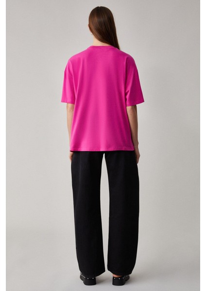 Jemmy Kadın Organik Pamuk Relaxed Fit Yırtmaçlı Yuvarlak Yakalı Pembe T-Shirt