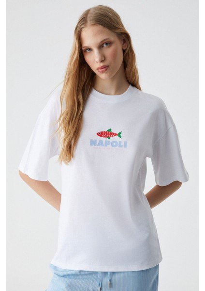 Caıtlyn Kadın Oversize Bisiklet Yaka Beyaz T-Shirt