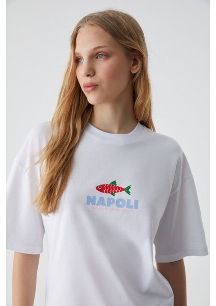 Caıtlyn Kadın Oversize Bisiklet Yaka Beyaz T-Shirt modelleri