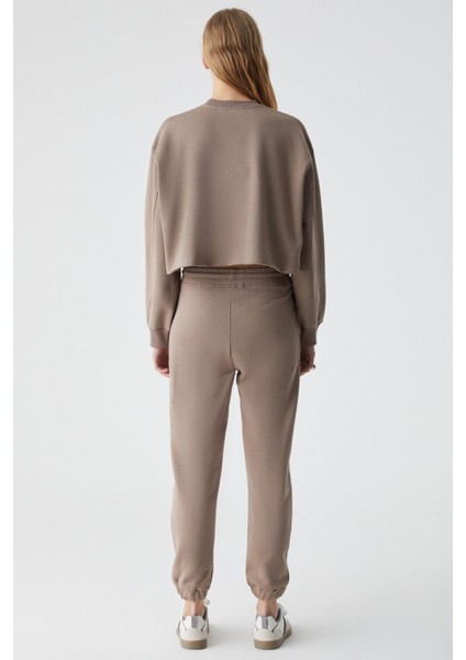 GLORYY Kadın Comfort Fit Baskı Detaylı Lastikli Paça Organik Pamuklu Açık Kahverengi Alt-Üst Takım indirimleri