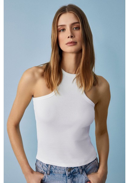 Jroksy Kadın Slim Halter Yaka Kolsuz Beyaz Atlet