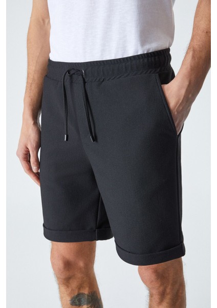 Ardıan Erkek Comfort Fit Cepli Kordonlu Lastikli Bel Siyah Şort & Bermuda