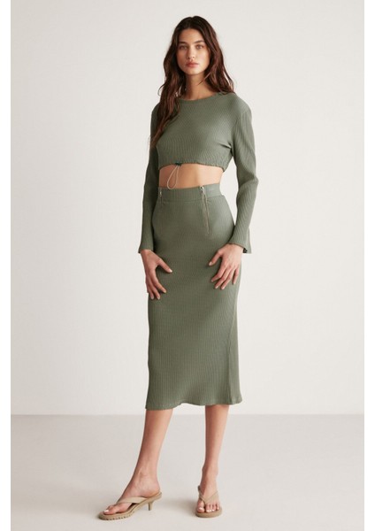 Lauren Kadın Slim Fit Fermuar Detaylı Midi Haki Etek