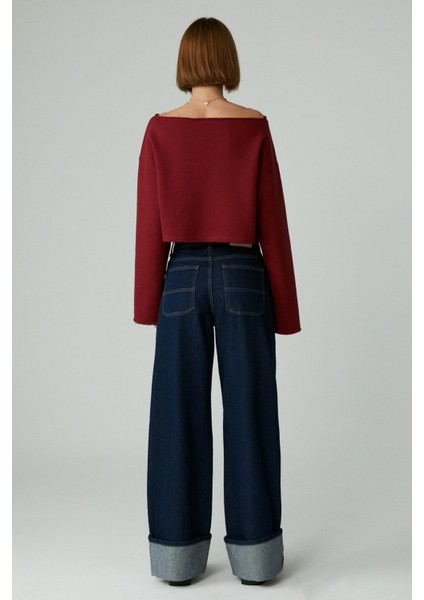 Asly Kadın Asimetrik Yakalı Şardonsuz Tek Omzu Açık Baskılı Bordo Sweatshirt