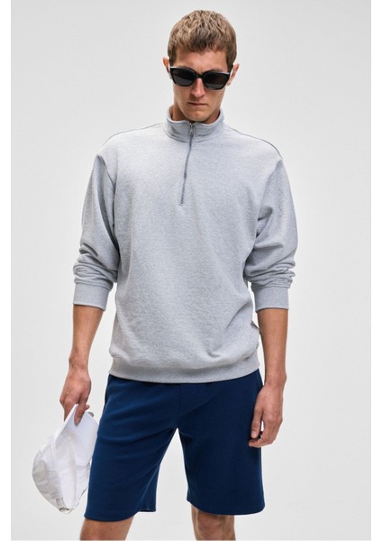 NESTOR Erkek Relaxed Fit Dik Yakalı Yarım Fermuarlı Uzun Kollu Grimelanj Sweatshirt