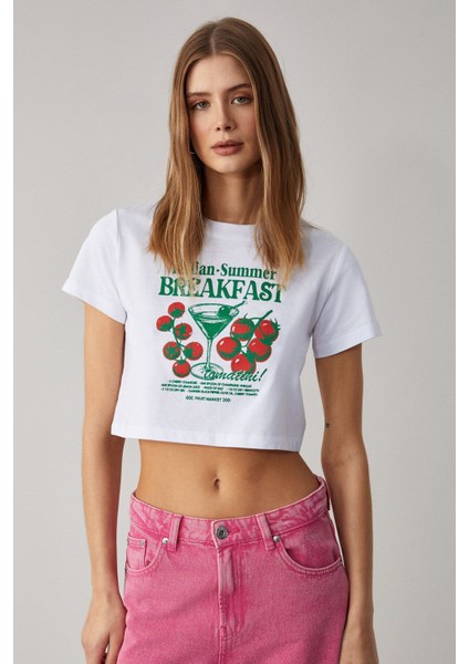 Belveth Kadın Bisiklet Yaka Oversize Beyaz T-Shirt