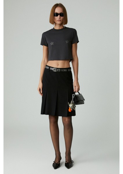 LAVIVA Kadın Kısa Fermuar Detaylı Siyah Etek