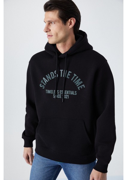 Wulf Erkek Organik Kumaşlı Içi Polarlı Yumuşacık Kanguru Cepli Kapüşonlu Siyah Sweatshirt