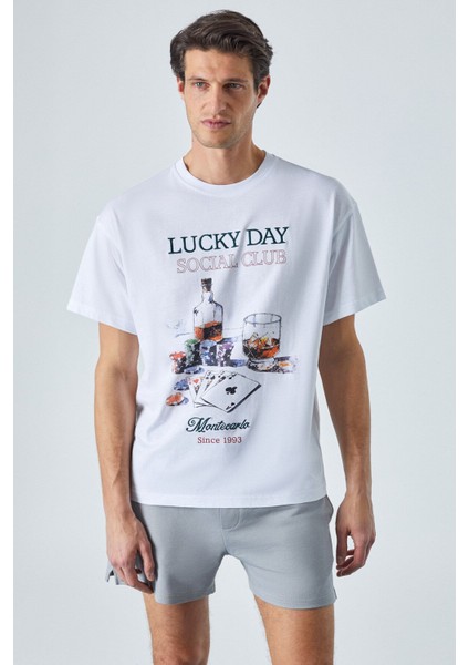 Lucky Erkek Oversize Fit Beyaz T-Shirt