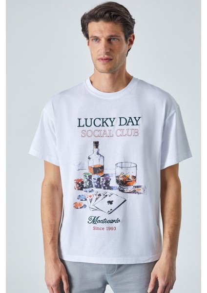Lucky Erkek Oversize Fit Beyaz T-Shirt modelleri