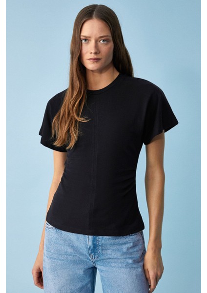 Nexus Kadın Regular Bisiklet Yaka Büzgü Siyah T-Shirt