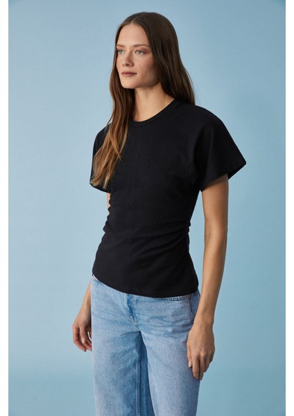 Nexus Kadın Regular Bisiklet Yaka Büzgü Siyah T-Shirt fırsatları
