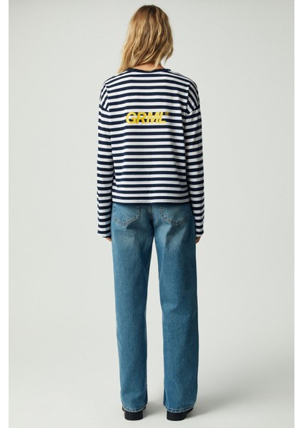 Kıele Kadın Bisiklet Yaka Oversize Lacivert / Beyaz T-Shirt