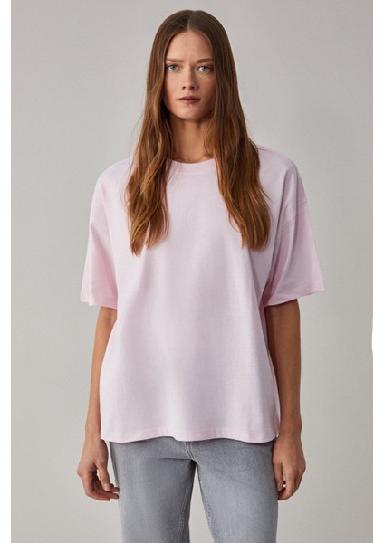 Lagertha Kadın Pamuklu Kalın Dokulu Oversize Fit Yuvarlak Yakalı Açık Pembe T-Shirt