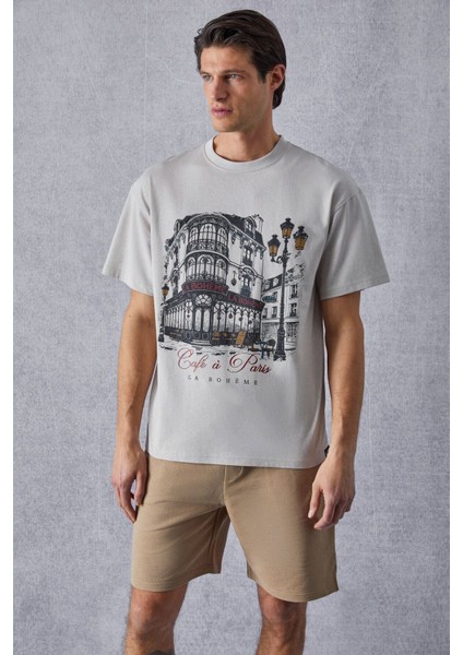 Boheme Erkek Oversize Fit Bej T-Shirt