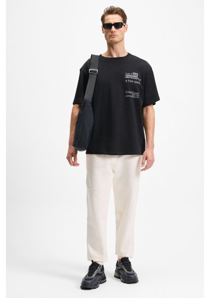 CODY Erkek Regular Fit Özel Dokulu Kalın Kumaşlı Önü Nakış Ve Baskılı Organik Pamuklu Siyah T-Shirt modelleri