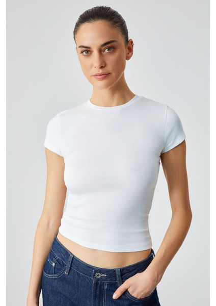 HOPEWELL Kadın Yuvarlak Yaka Örme Slim Fit Beyaz T-Shirt modelleri
